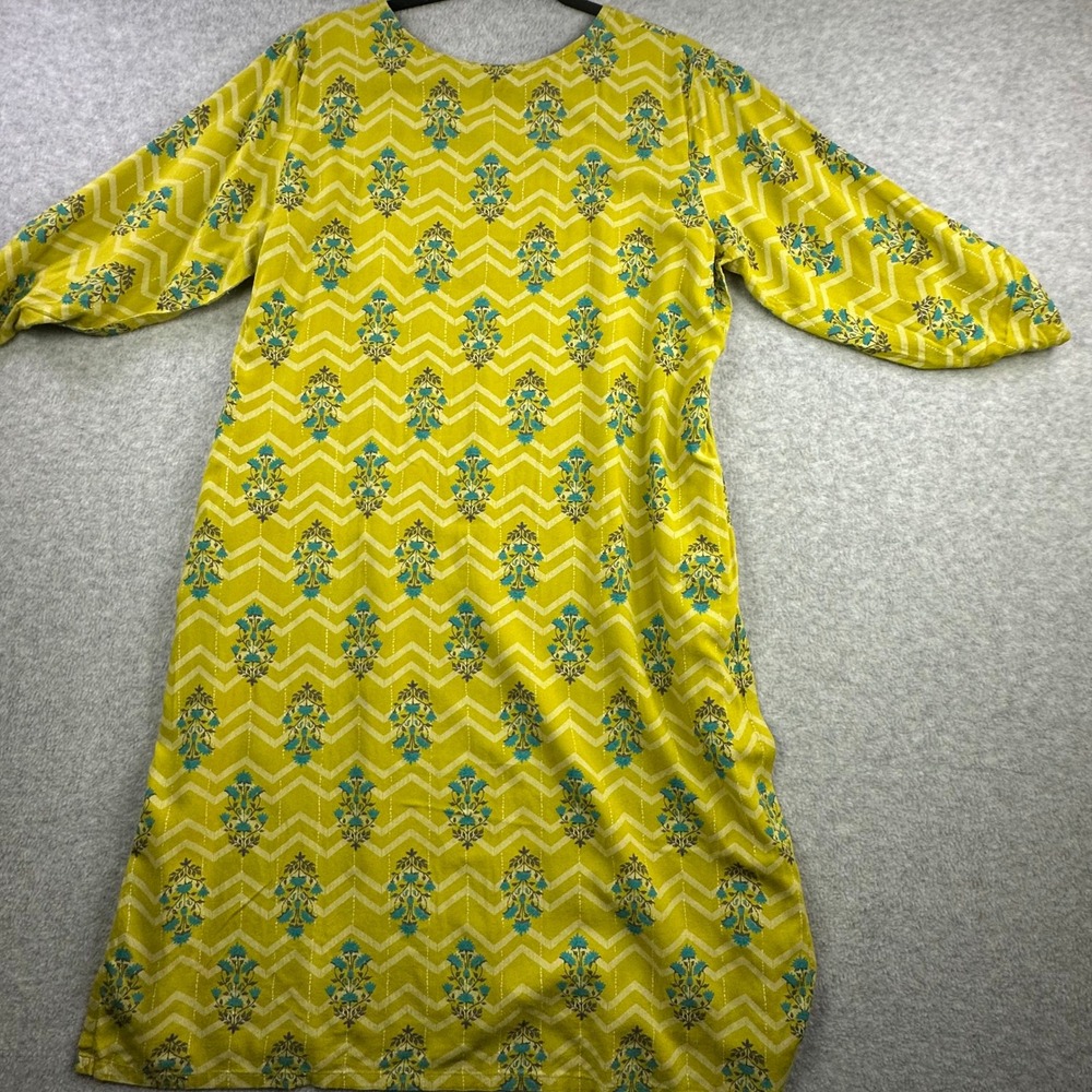 Avaasa Yellow Floral Chevron Kurti Tunic Dress XXL Lagenlook Roll Sleeve Boho - Picture 13 of 16